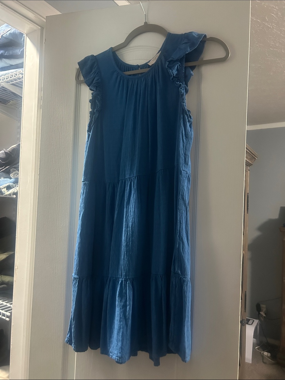 LOFT Blue Ruffle Sleeve Tiered Sundress